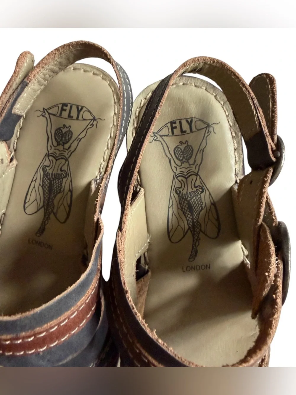 FLY London Women’s Leather Wedge Sandals Brown Multi Strap Slingback Comfort 9